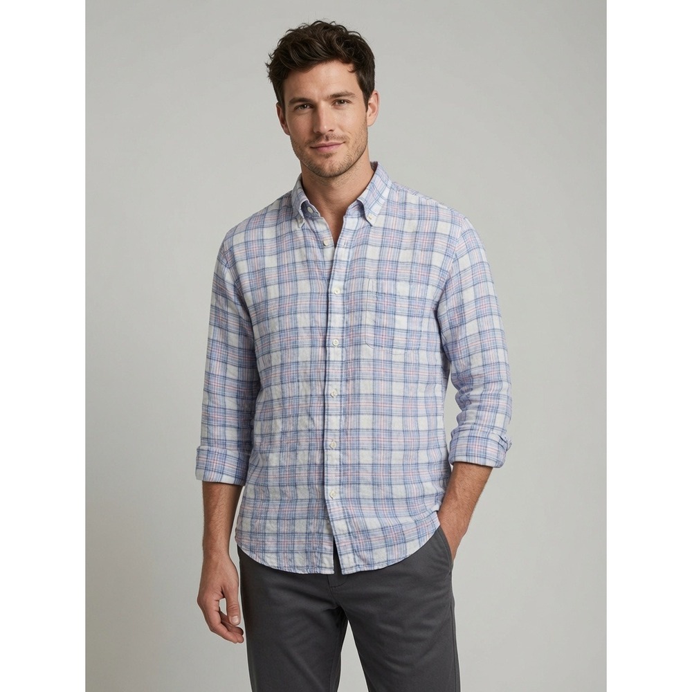 Brooks Brothers 100 Percent Linen Plaid Button Down Shirt Mens XL Blue Pink
